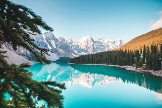 Mountains and trees surrounding Lake Louise