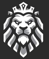 A lion head with a crown. In grey and white