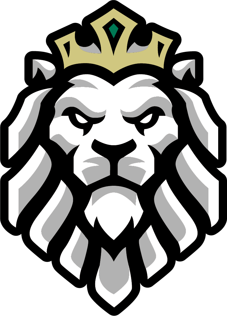 A black and white lion with a gold crown with a green gem inserted